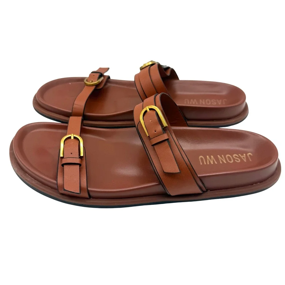 Jason Wu Sandals Women 10 Brown Excellent Leather Double Buckle Slide Shoes